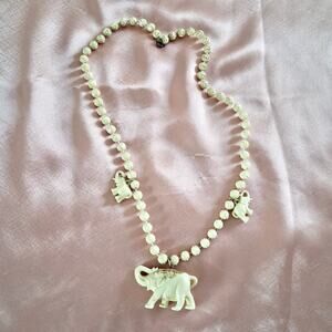 Vintage Elephant Pendant Necklace Carved Roses Flowers Plastic Faux Ivory 26"